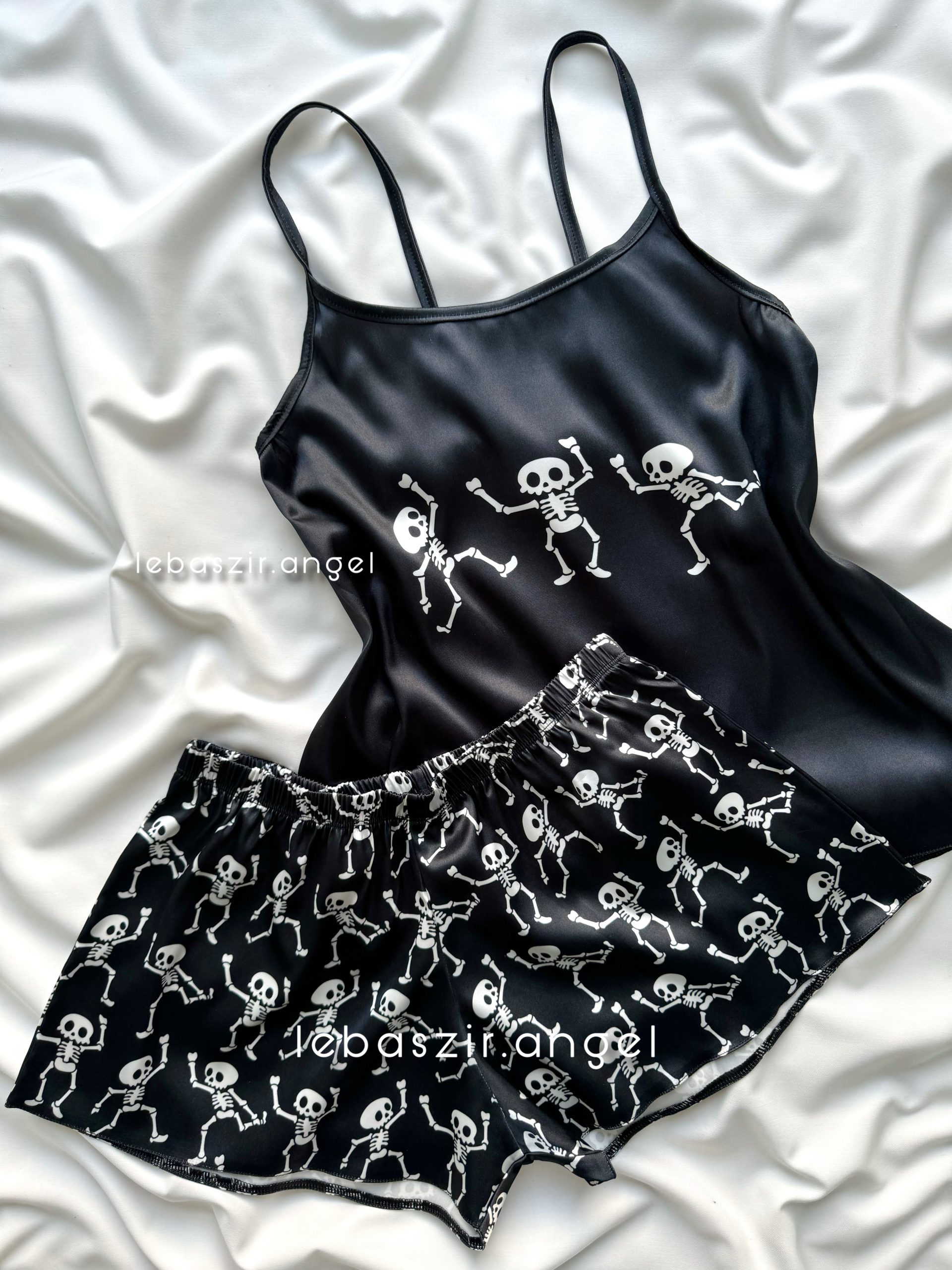151CF5A6-9D4E-497C-B614-0A172FBD8B06 ست تاپ و شلوارک ساتن اسکلتی - Image 1