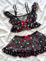 ست نیمتنه و دامن و شورت لامبادا توری قرمز❤️‍🔥