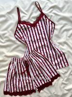 ست تاپ و شلوارک نخی راحتی قلبی زرشکی