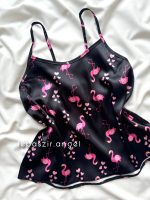 ست تاپ و شلوارک ساتن فلامینگو مشکی صورتی🦩 - Image 3