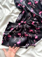 ست تاپ و شلوارک ساتن فلامینگو مشکی صورتی🦩 - Image 2