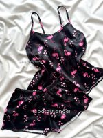 ست تاپ و شلوارک ساتن فلامینگو مشکی صورتی🦩