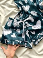 ست تاپ و شلوارک ساتن سبز قلبی - Image 2