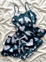 ست تاپ و شلوارک ساتن سبز قلبی