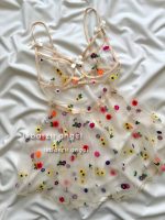 پیراهن تور شیشه ای گلدار کرم😍