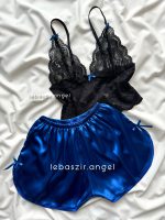 ست نیمتنه گیپور و شلوارک ساتن آبی💙