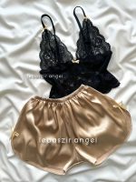 ست نیمتنه گیپور و شلوارک ساتن طلایی