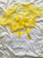 ست نیمتنه و شلوارک توری زرد کد 7056